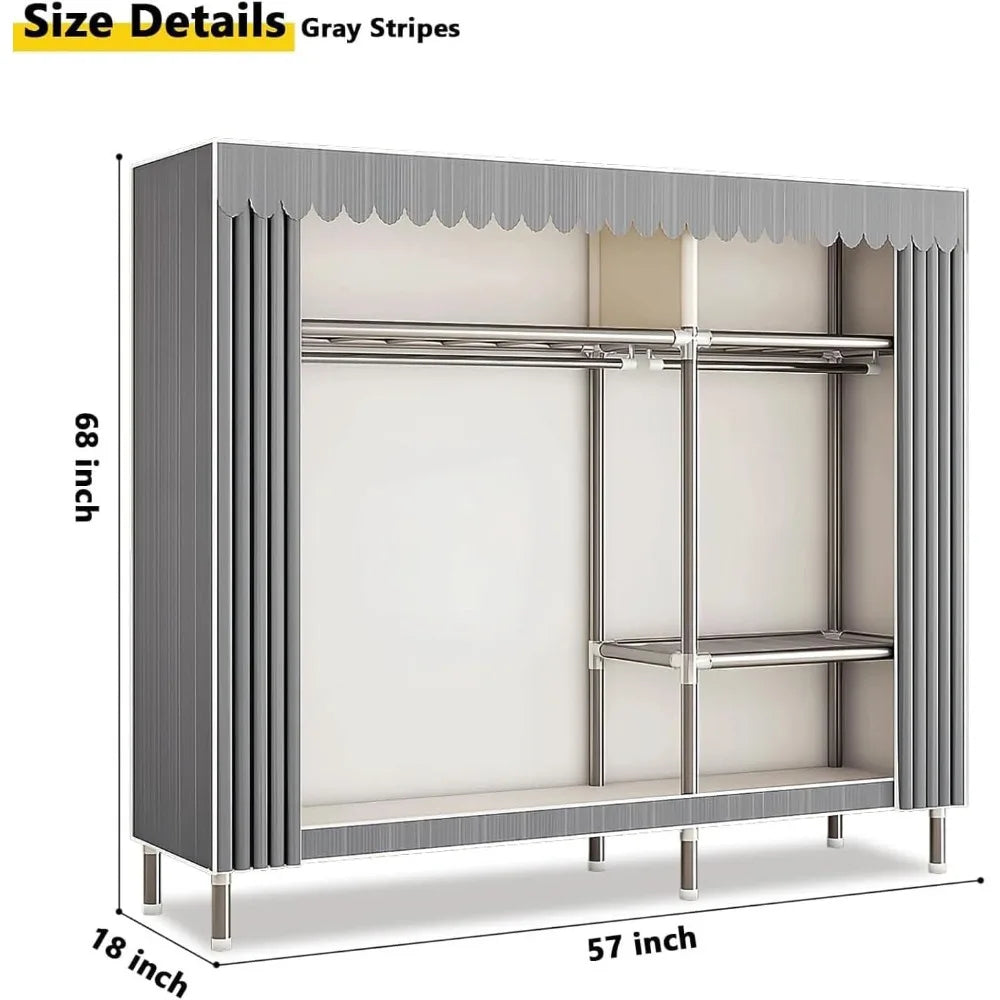 Portable Closet Closet Wardrobe, Wardrobe Rack with Cover, Gray Stripes, Storage Closet for Hanging Clothes, Equipped with Alloy