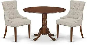 DLFR3-MAH-05 3 Piece Dinette Set for Small Spaces Contains a Round Dining Table with Dropleaf and 2 Doeskin Linen Fabric Uphols