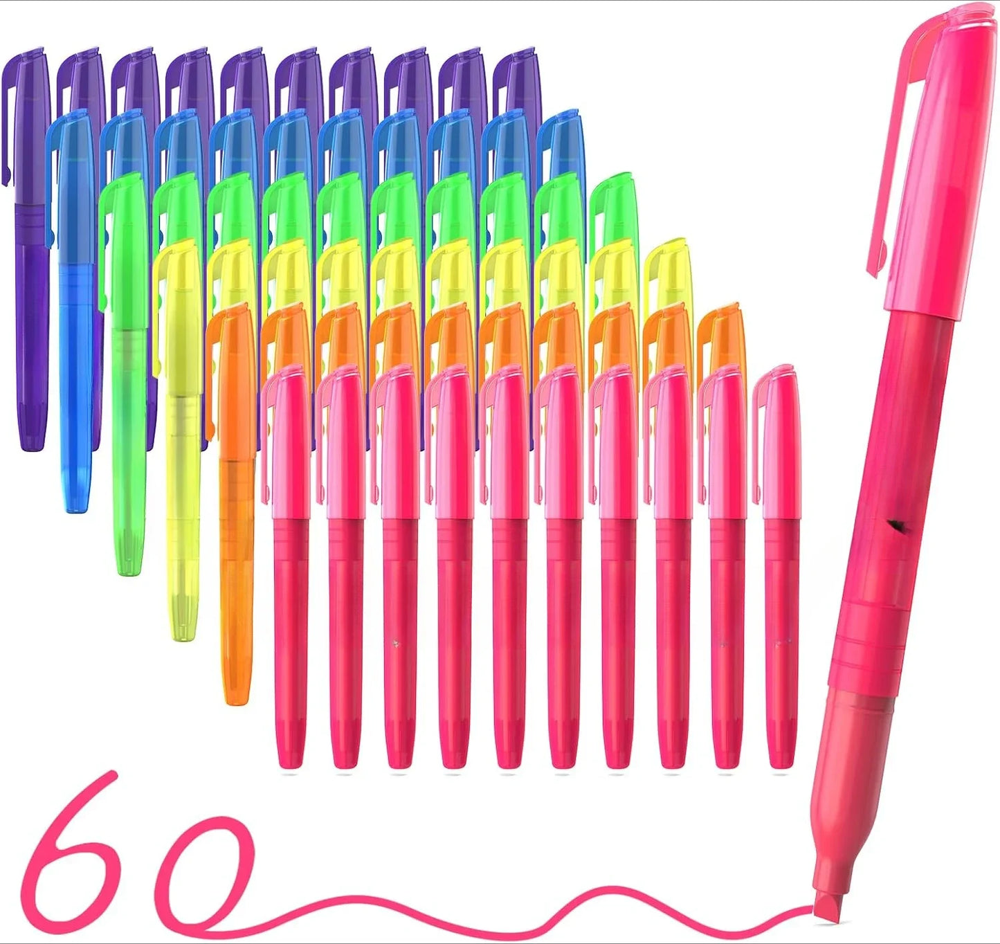 Highlighters, 100 packs of stylish and bright colored highlighters, 6 color highlighters in bulk, quick dry highlighters