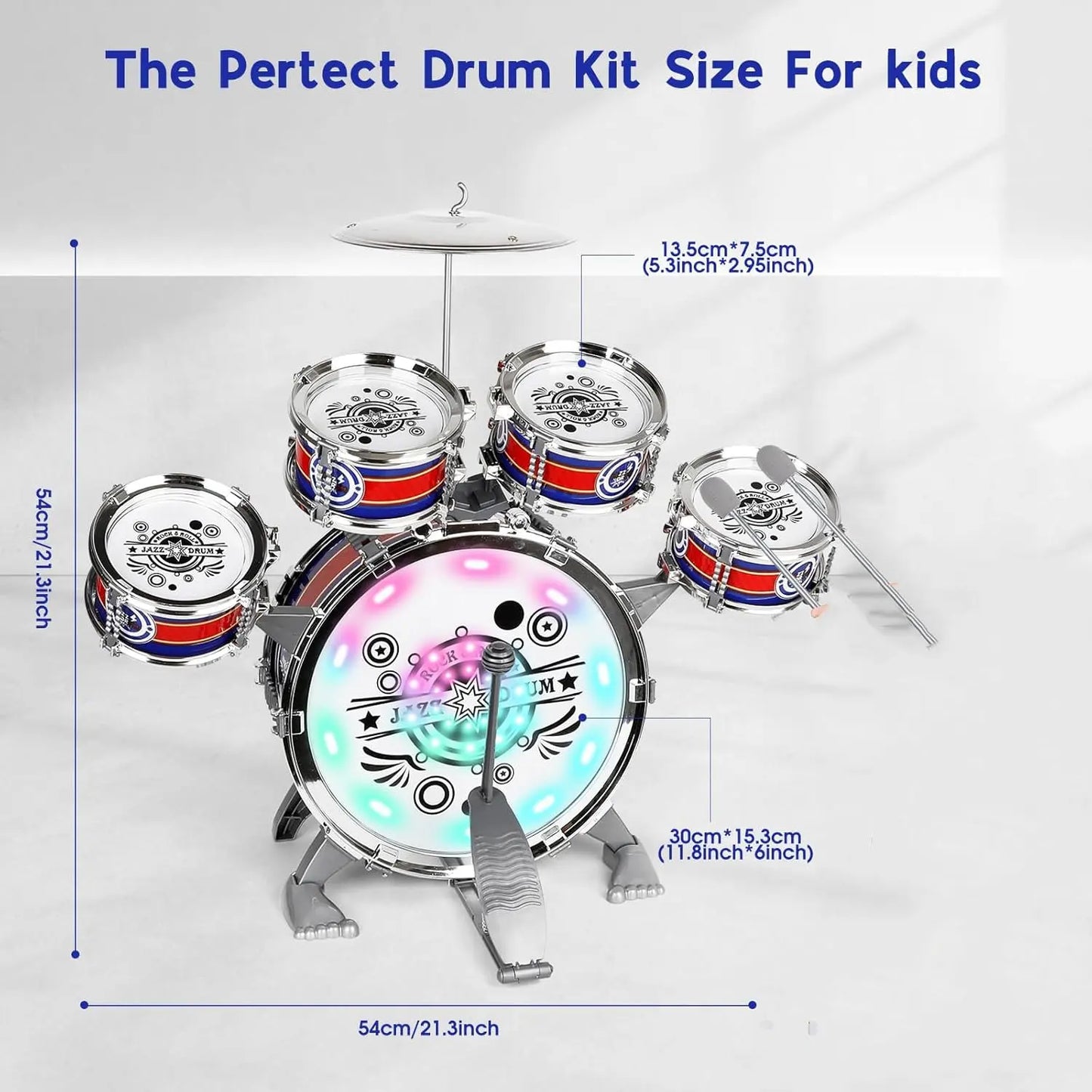 Mini Jazz Drum Set 6 Drums with Stool Musical Instruments Toy Birthday Gift for Beginners Boys Girls (with LED Light)