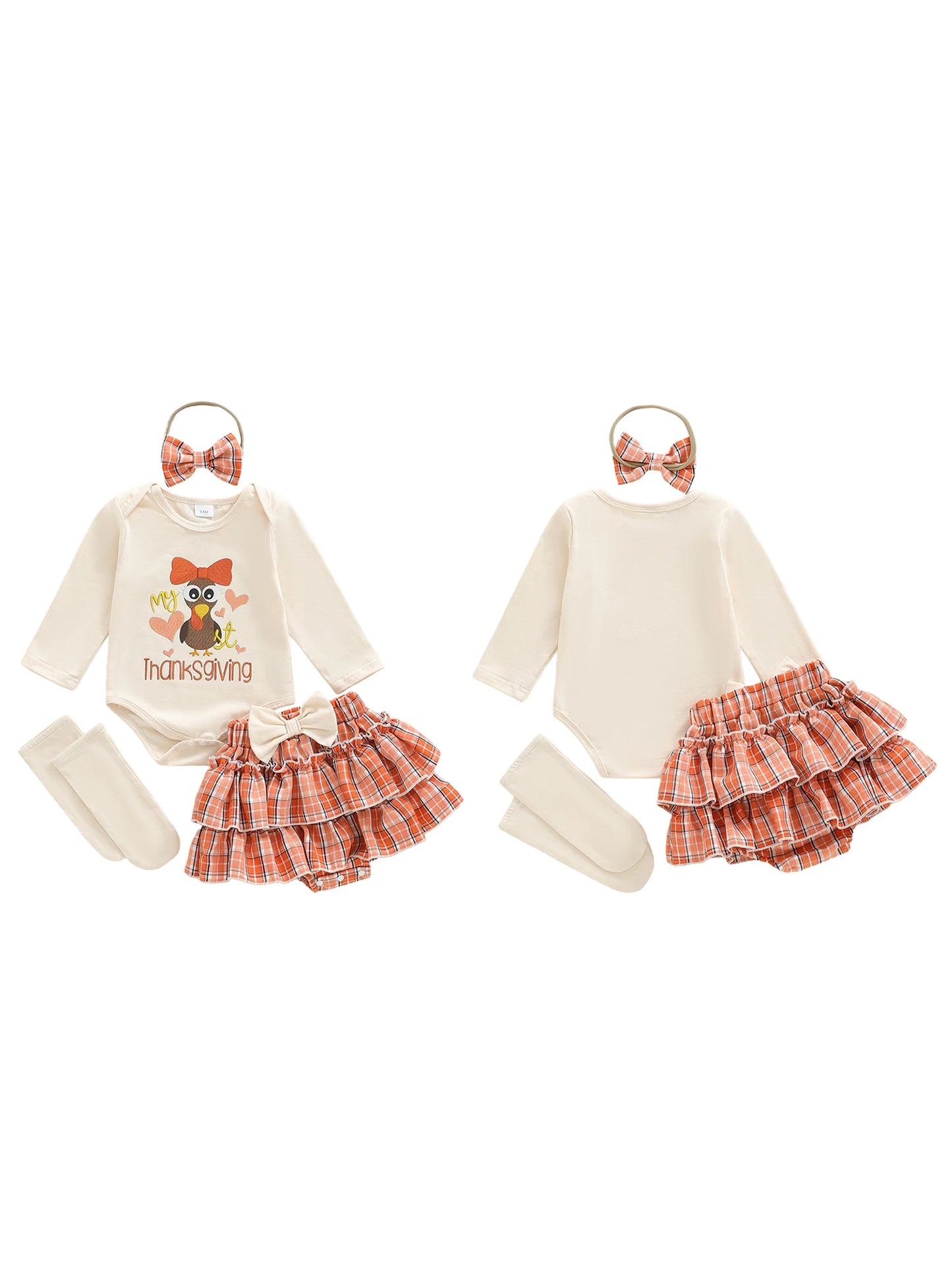 Thanksgiving Baby Girl Outfit Turkey Print Romper with Plaid Layered Mini Skort Stockings and Bow Headband Set - Fall