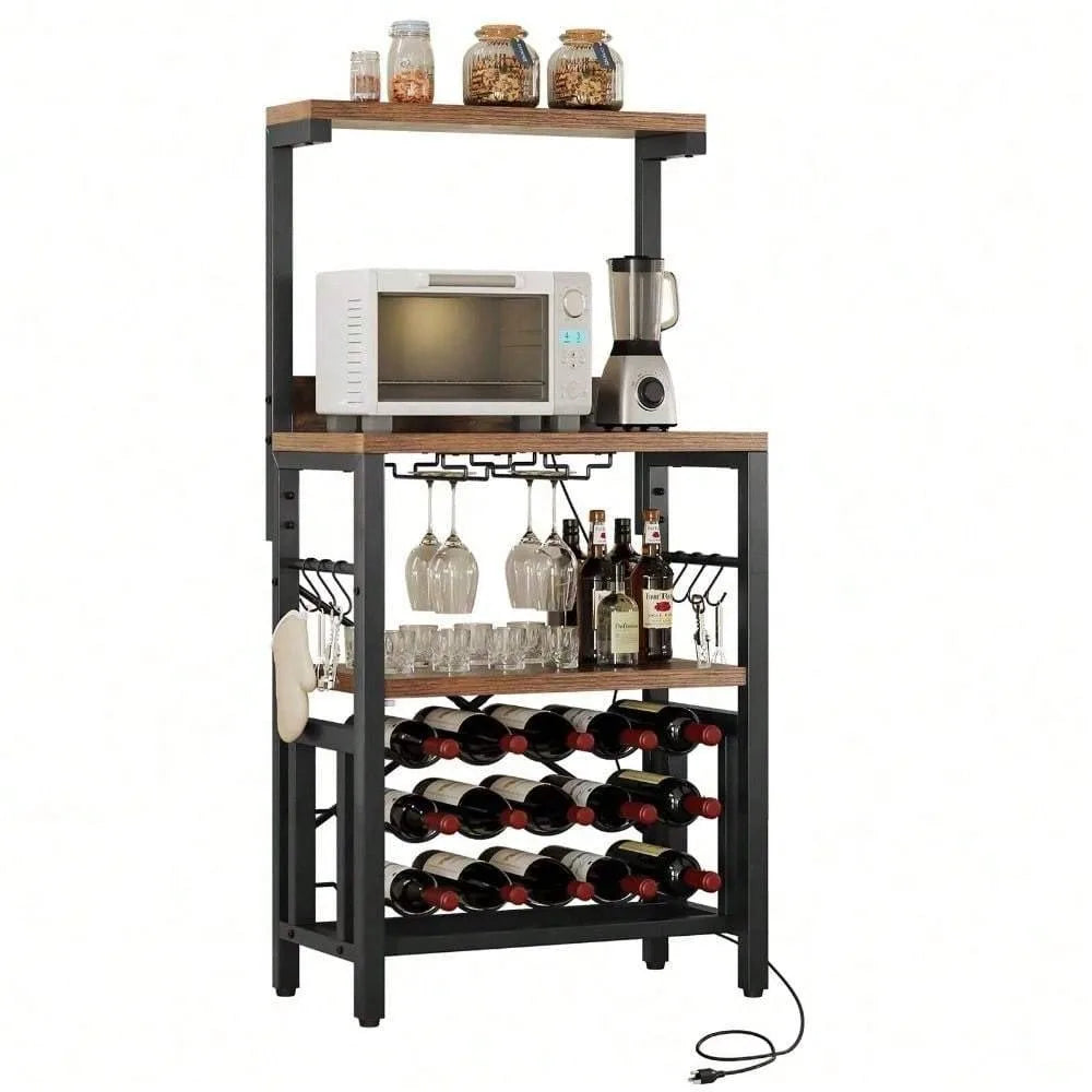 Wine Bakers Rack Table with Glass Holder and Wine Storage Space Saving Cabinet