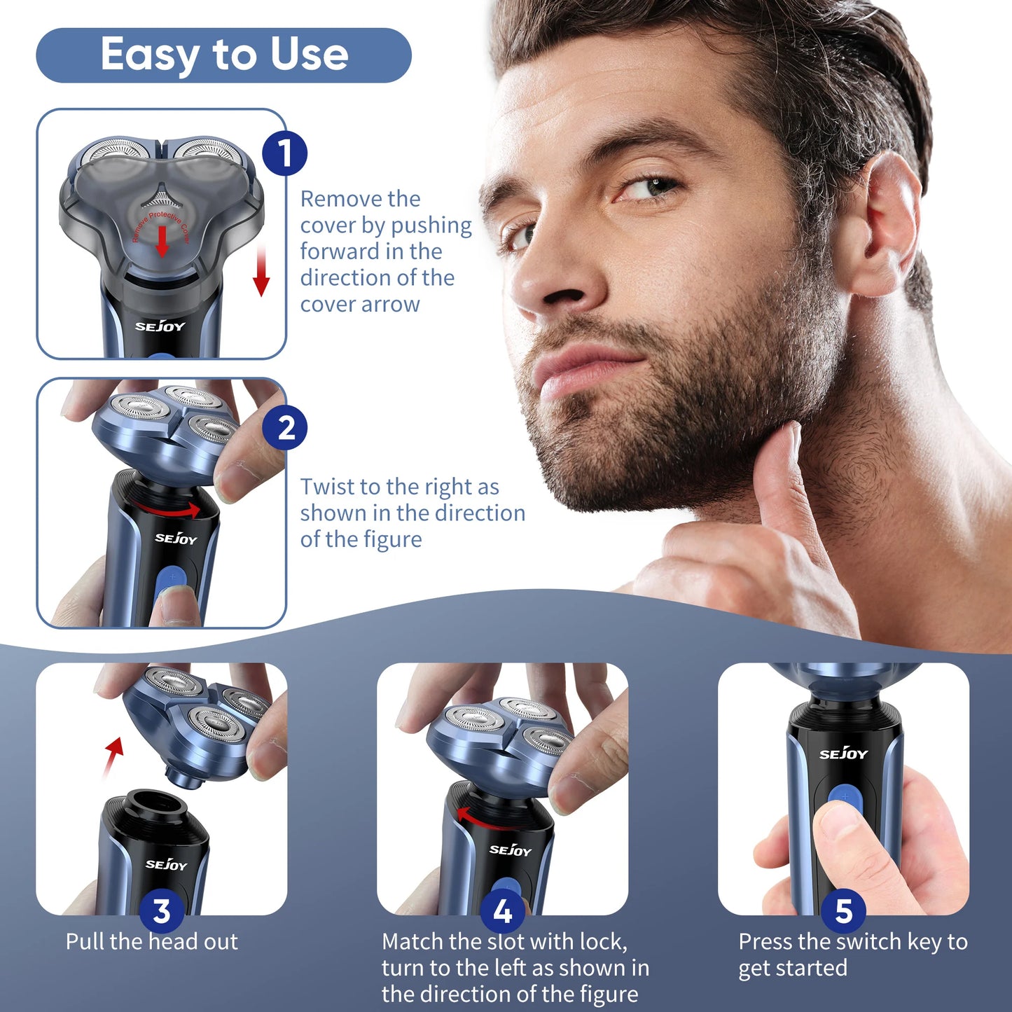 SEJOY Rotary Electric Shaver Kit Rechargeable Multi-function Beard Shaving Nose Hair Trimmer Three-head Floating Razor