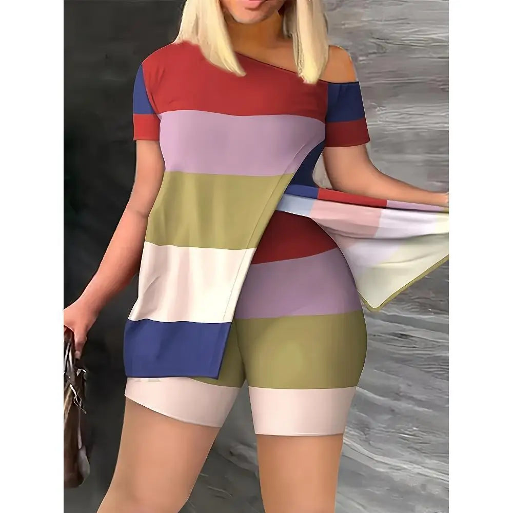 Fashion Striped Color Blocked Printed Split Top and Shorts Set