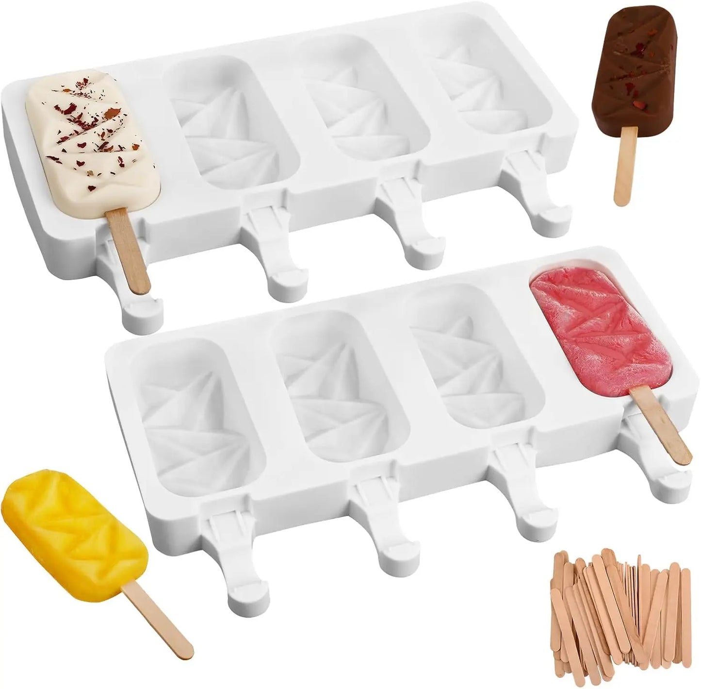 2-Pack White Silicone Popsicle Molds, 4-Cav Oval. Includes 50 sticks for cake pops, ice cream.