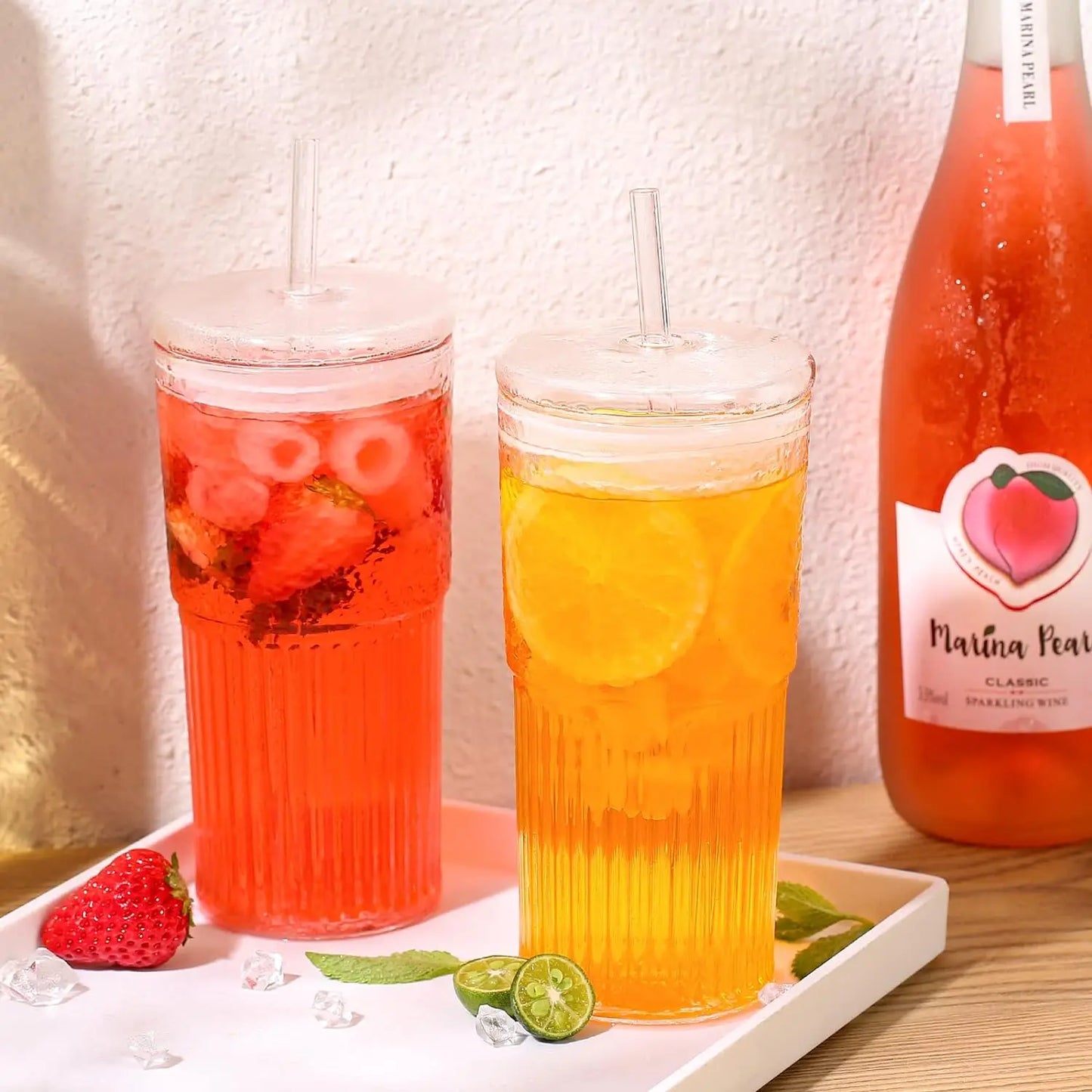 2 pieces, 22oz/650ml, with lid, straw, straw brush, reusable transparent glass cup, suitable for water, tea and beverages, porta