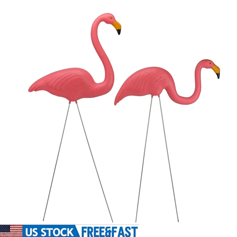 Set of 2 Tropical Pink Flamingo Lawn Stakes Weather Resistant Outdoor Garden Decor with Realistic Feather Design and Iron Rods