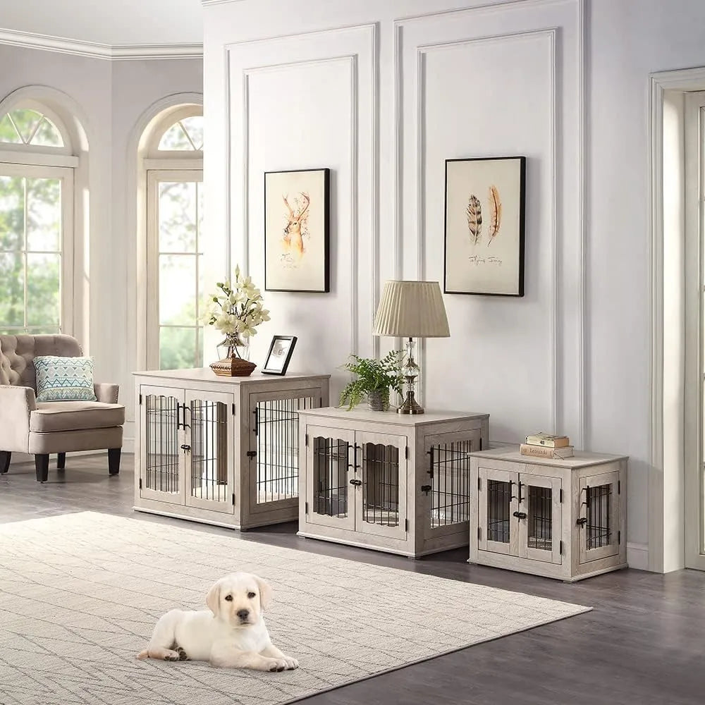 Double Door Wooden and Wire Dog Crate with Built-in Pet Bed and Decorative End Table Style