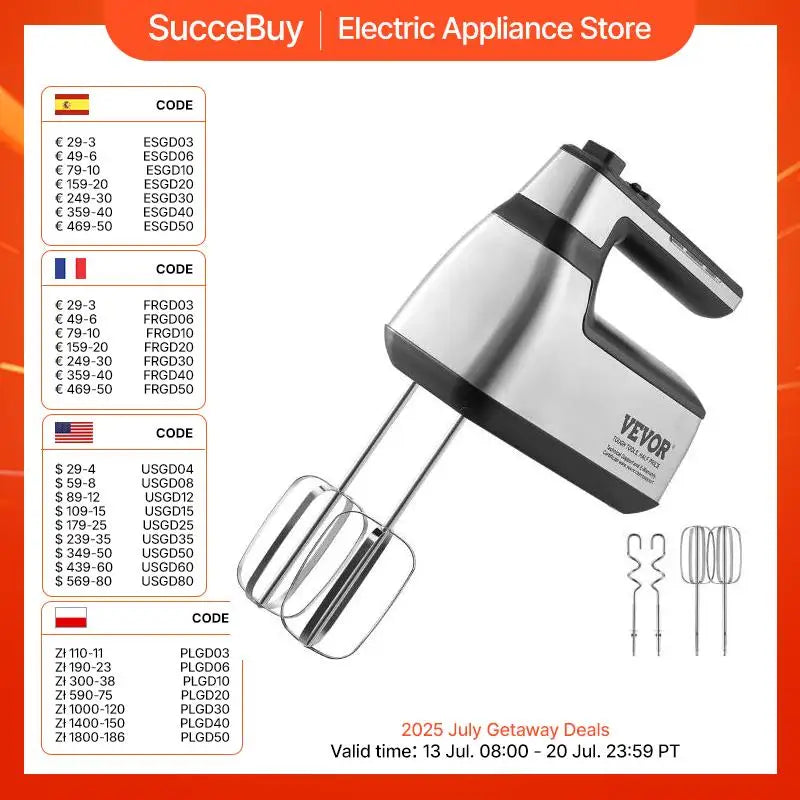 VEVOR Cordless Electric Hand Mixer Continuously Variable Electric Handheld Mixer Baking for Whipp Mixing Egg Cookie Cake Cream