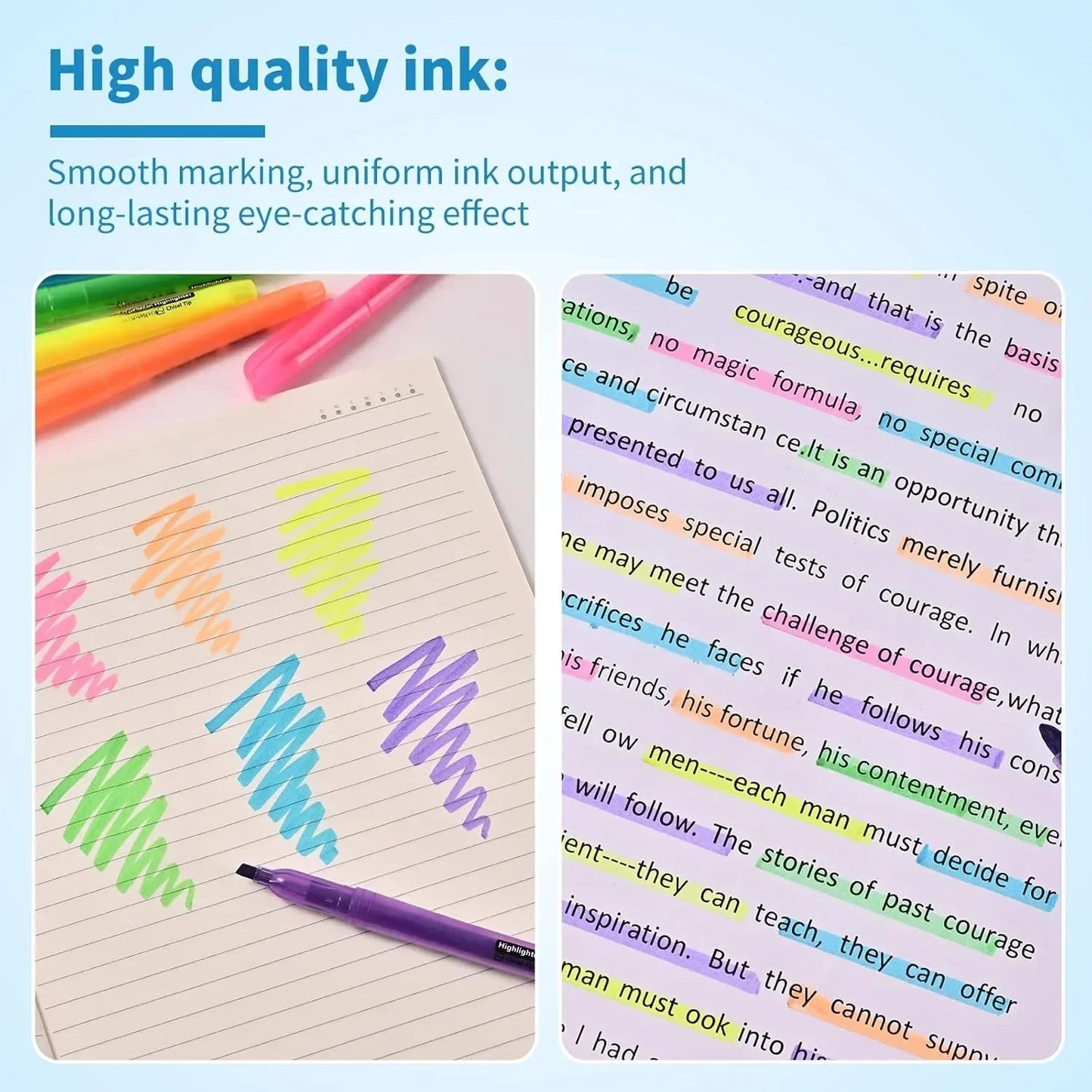 Highlighters, 100 packs of stylish and bright colored highlighters, 6 color highlighters in bulk, quick dry highlighters