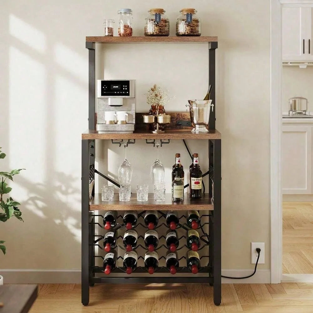 Wine Bakers Rack Table with Glass Holder and Wine Storage Space Saving Cabinet