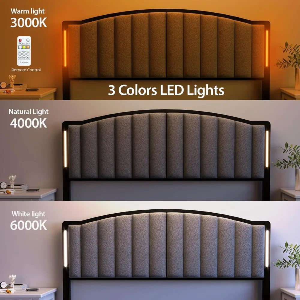 King Size Bed with LED Lights, Upholstered Vertical Channel Tufting Head Boards, Linen Fabric Bed Headboard Only