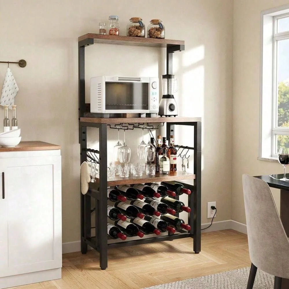 Wine Bakers Rack Table with Glass Holder and Wine Storage Space Saving Cabinet