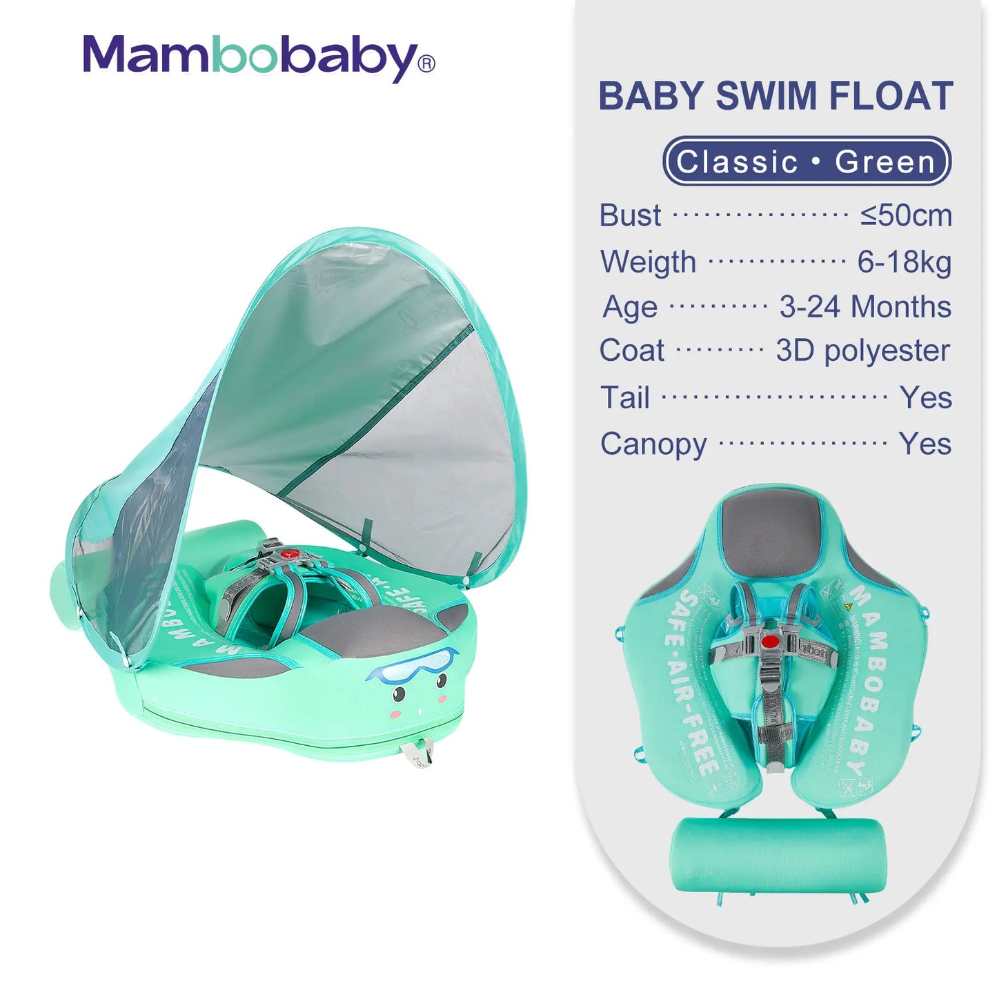 Mambobaby Baby Float with Sunshade Canopy and Crotch Strap Inflatable-free Safe Core Swimming Pool Accessory Bathroom Water Toy