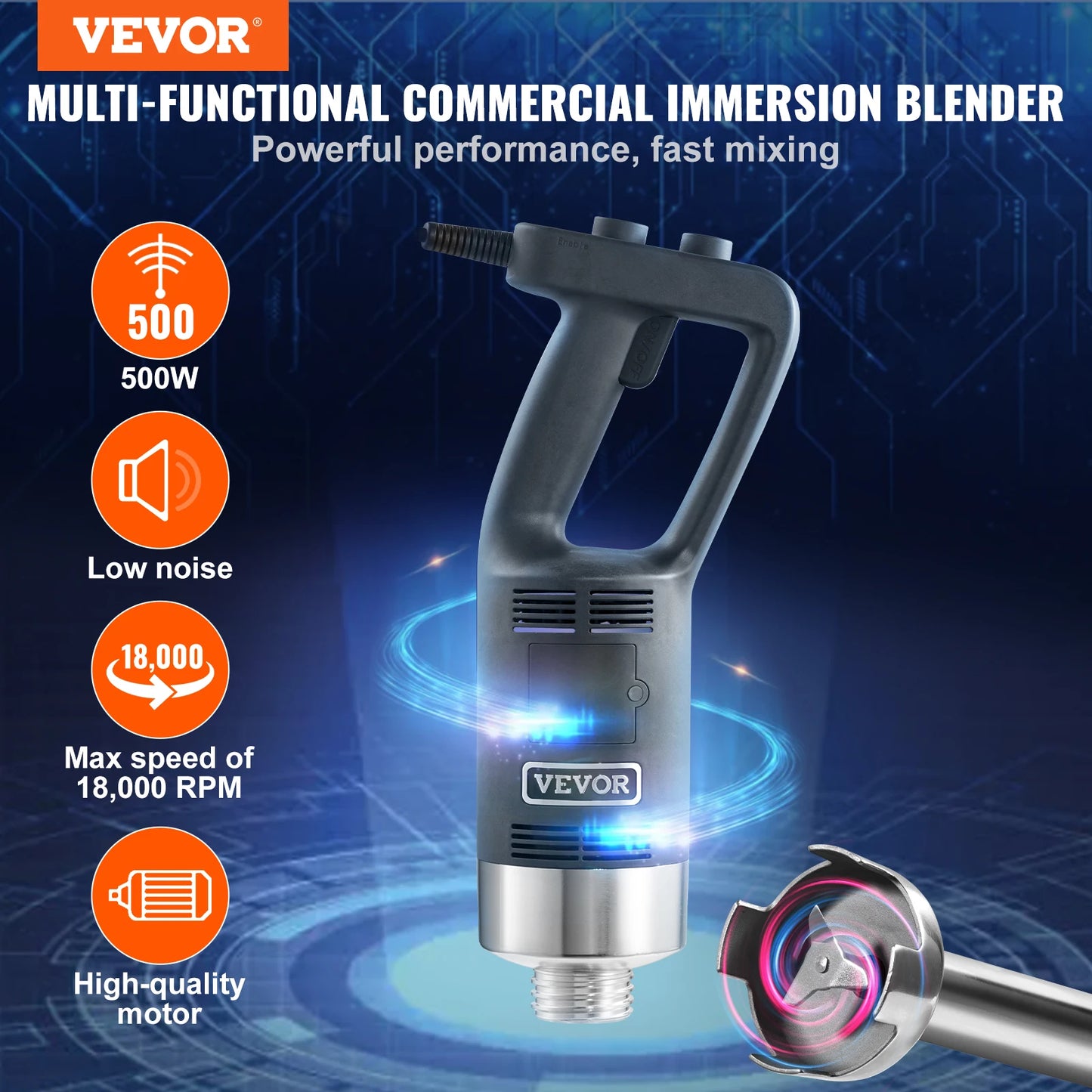SucceBuy Commercial Immersion Blender 500 Watt Heavy Duty Hand Mixer Variable Speed Kitchen Stick Mixer with 304 Stainless Steel