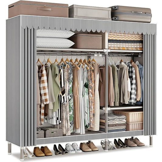 Portable Closet Closet Wardrobe, Wardrobe Rack with Cover, Gray Stripes, Storage Closet for Hanging Clothes, Equipped with Alloy