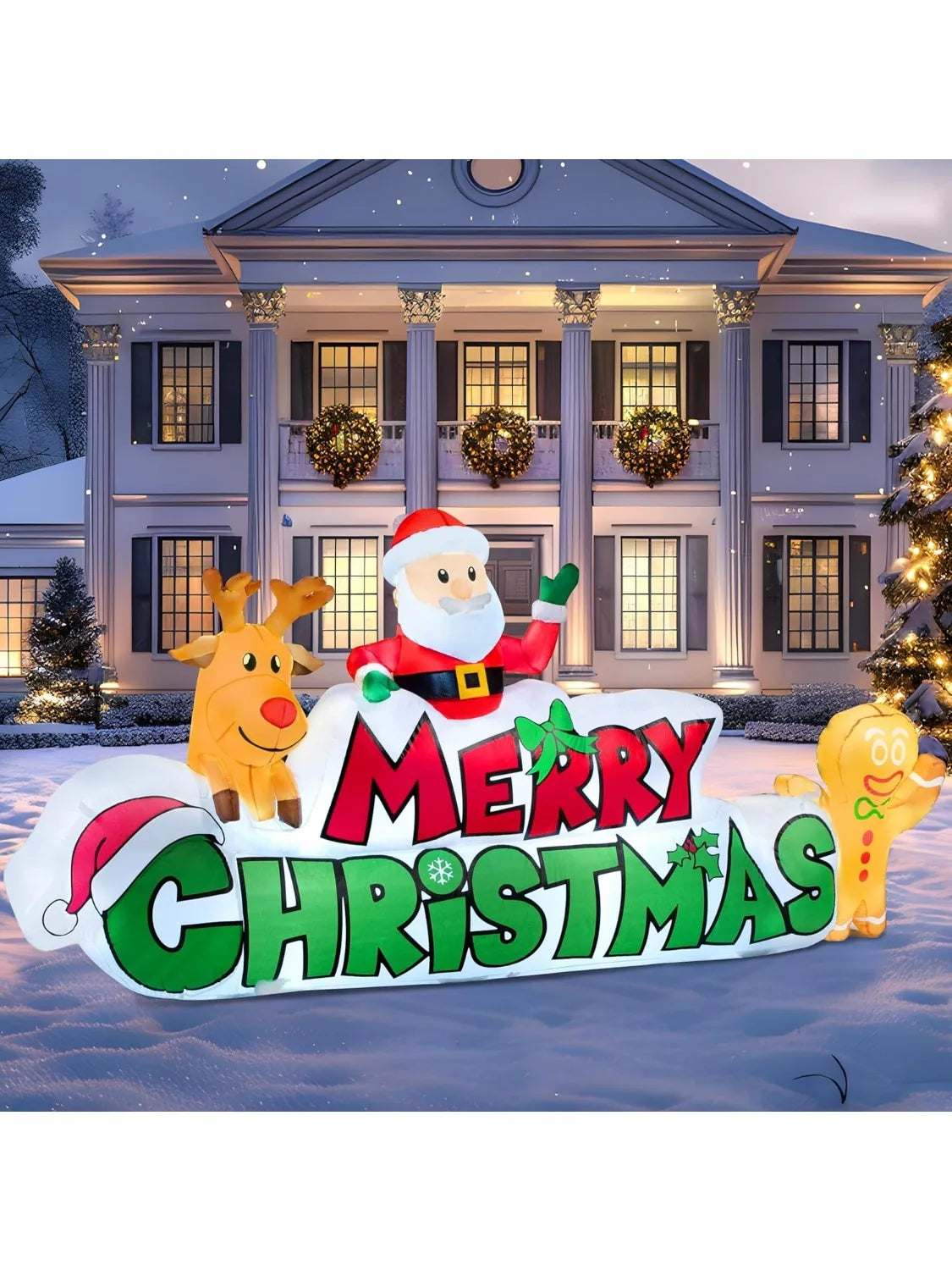 JOYFY 9.5 FT Christmas Inflatable Merry Christmas Sign with Santa Reindeer & Gingerman for Outdoor Yard Decor