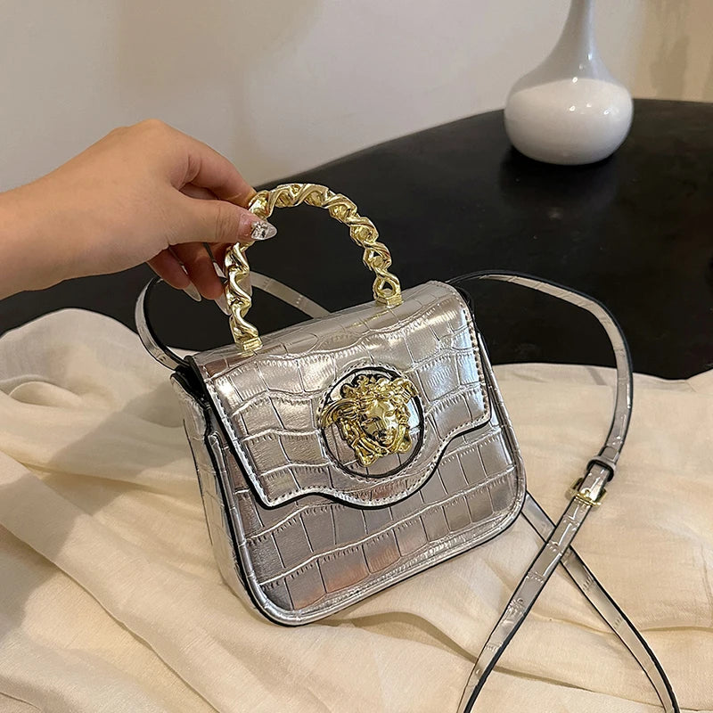 Mini Croc-Texture Crossbody Bag Gilded Medusa Logo PU Flap Magnetic Closure Chain Handle + Adjustable Strap for Daily Use