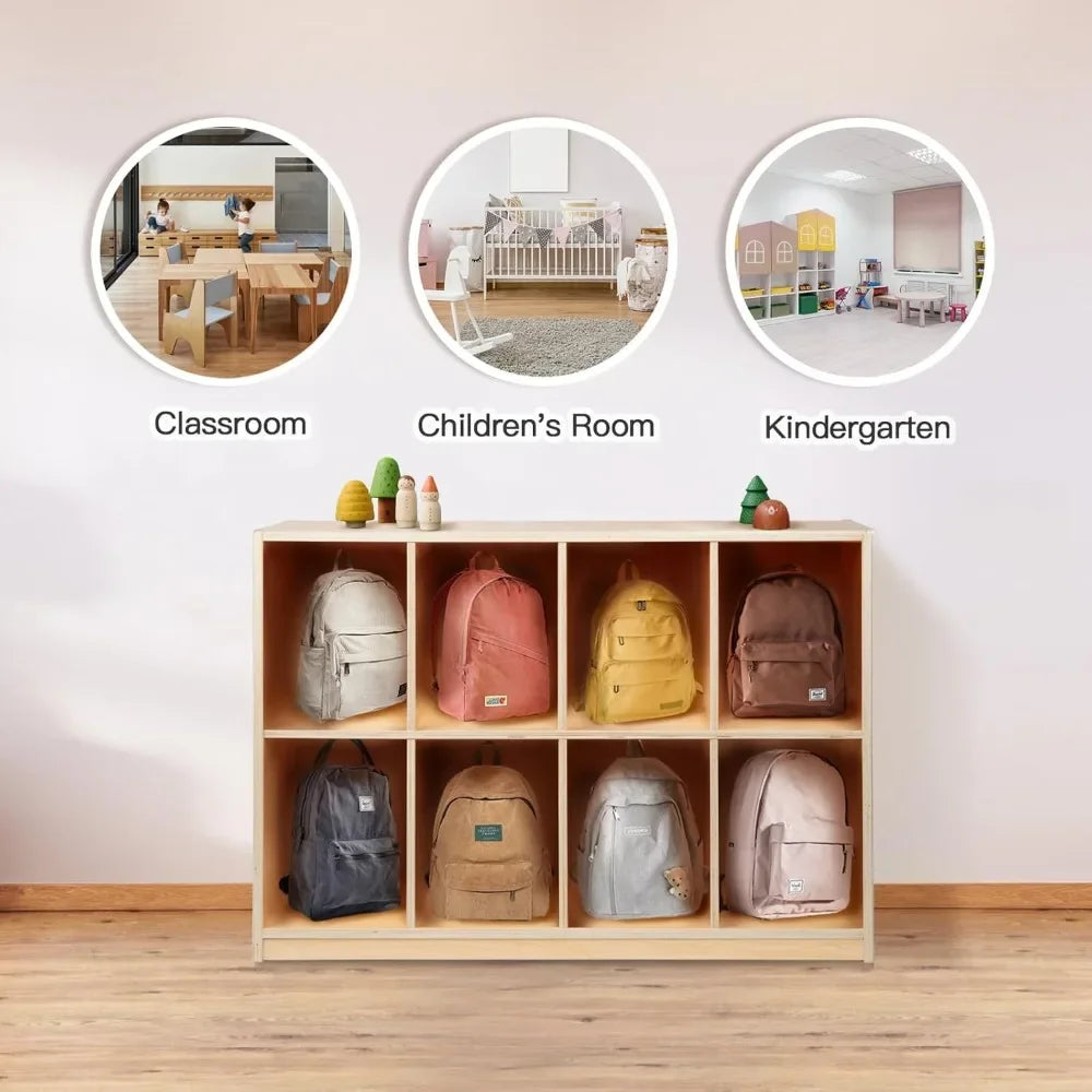 "8-Compartment Wooden Storage Cabinet – Backpack & Toy Organizer – Ideal for Classroom, Playroom, Kindergarten & Library Use"