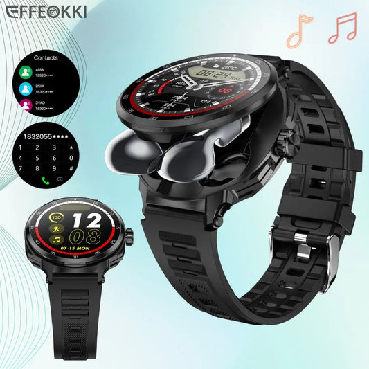 EFFEOKKI 2 in 1 Smart Watch with Earbuds Round Screen Fitness Watch for Men NFC Multiple Sport Compatible with iPhone Android