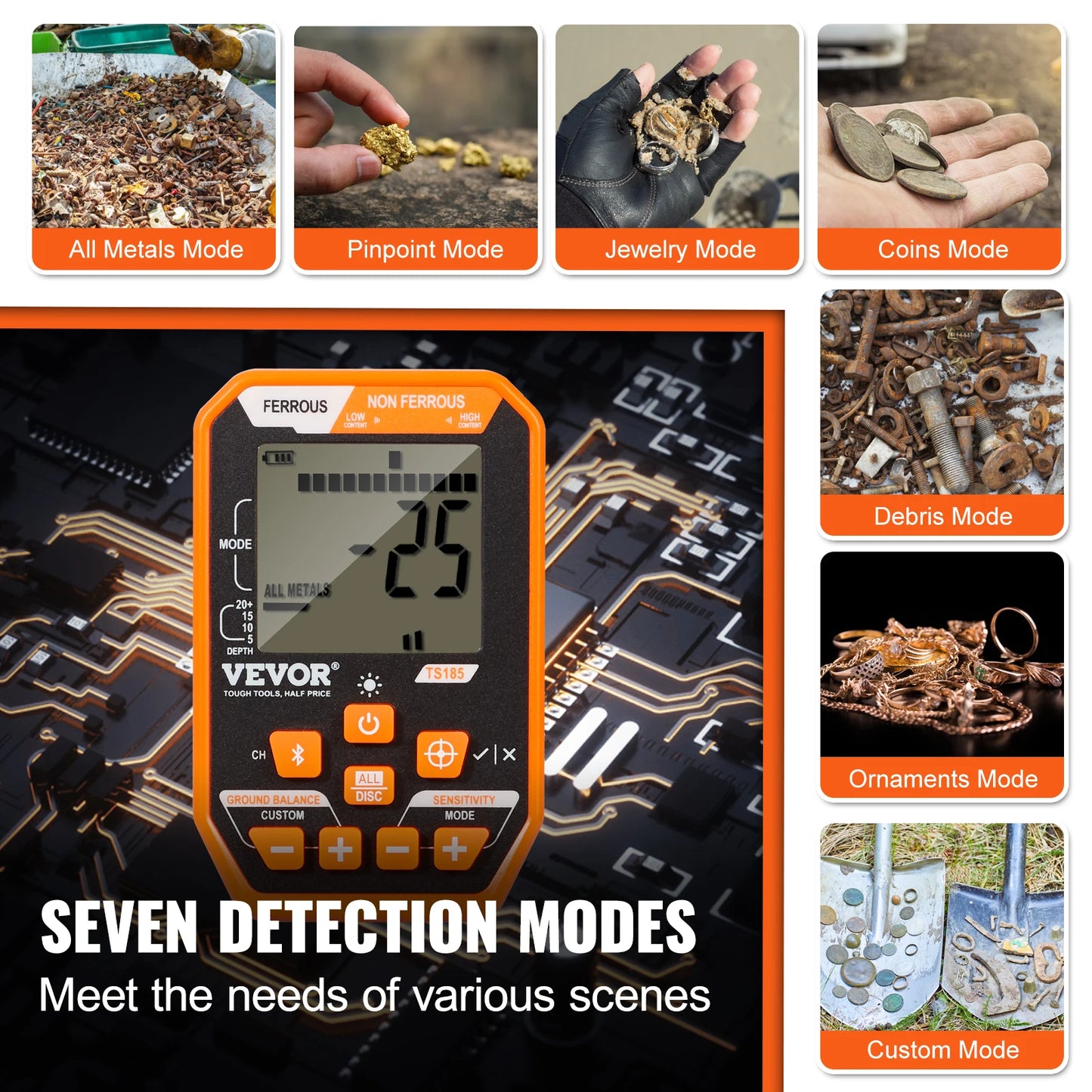 SucceBuy Professional Rechargeable Metal Detector 12" IP68 Waterproof Coil 39-50 in Adjustable with LCD 7Modes for Hunting