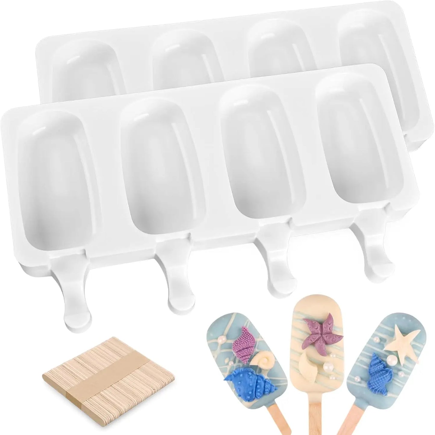 2-Pack White Silicone Popsicle Molds, 4-Cav Oval. Includes 50 sticks for cake pops, ice cream.