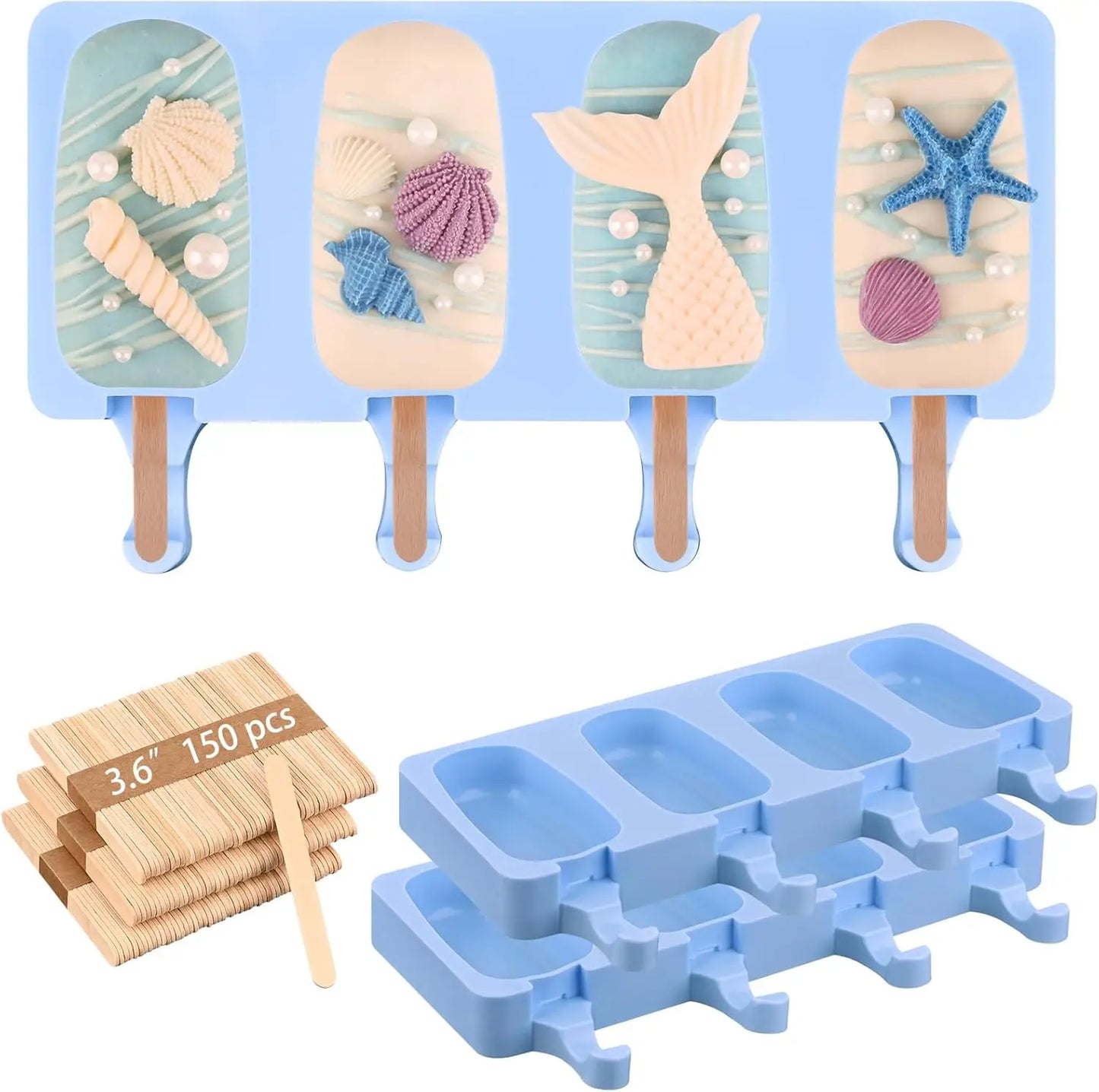 2-Pack White Silicone Popsicle Molds, 4-Cav Oval. Includes 50 sticks for cake pops, ice cream.