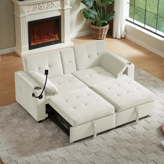 70" Queen Size Split-Type Sofa Bed for Living Room, Pull-Out Sleeper Couch with Cup Holder, Phone Holder, Solid Wood Frame, Easy