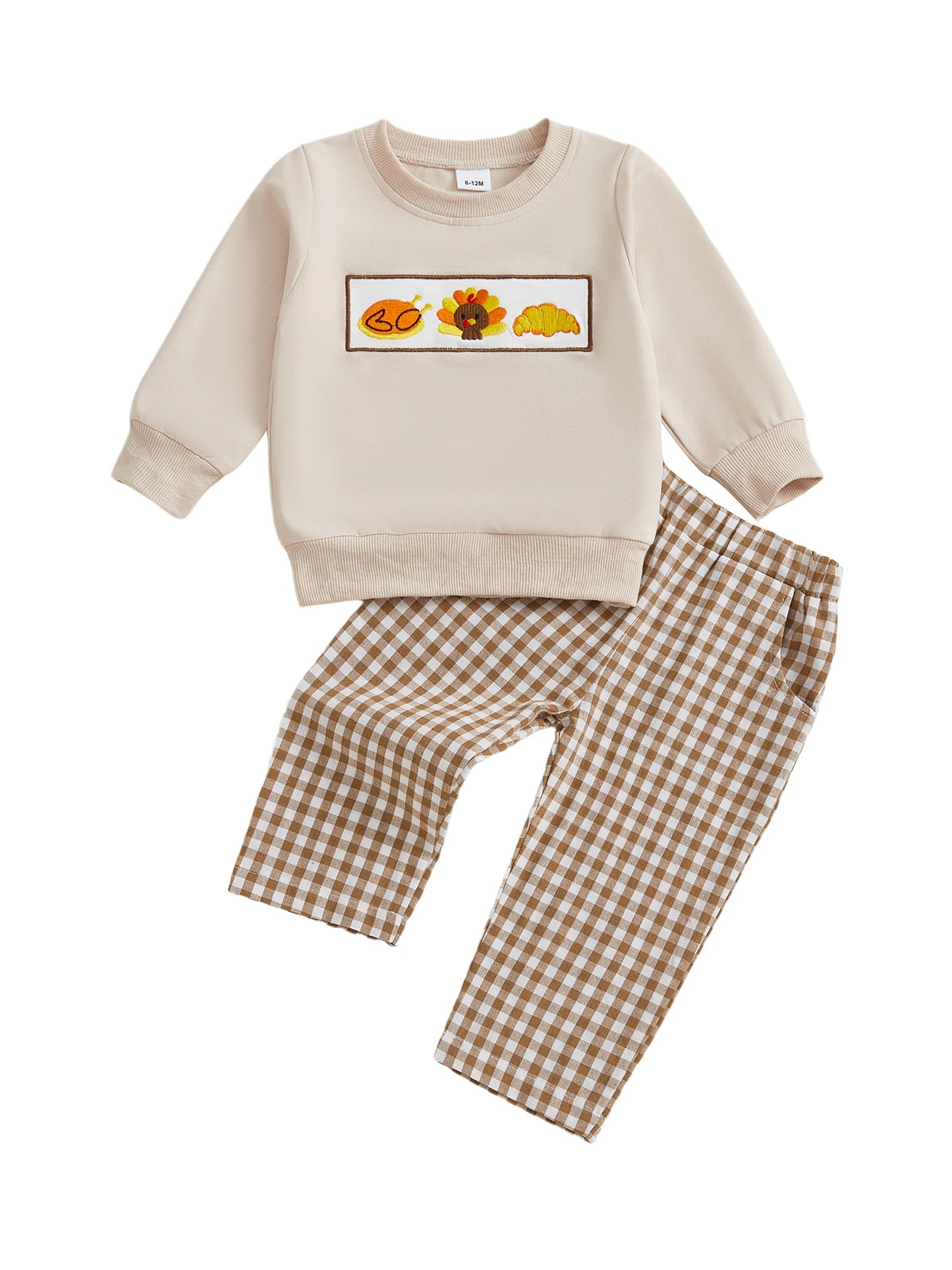 Baby Thanksgiving Outfit Turkey Print Long Sleeve Top and Plaid Pants Set with Elastic Waistband for Toddler Girls