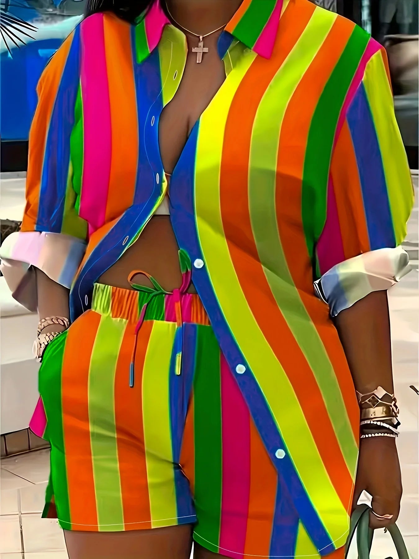 Women's Large Size Colorful Casual Colorful Stripe Set