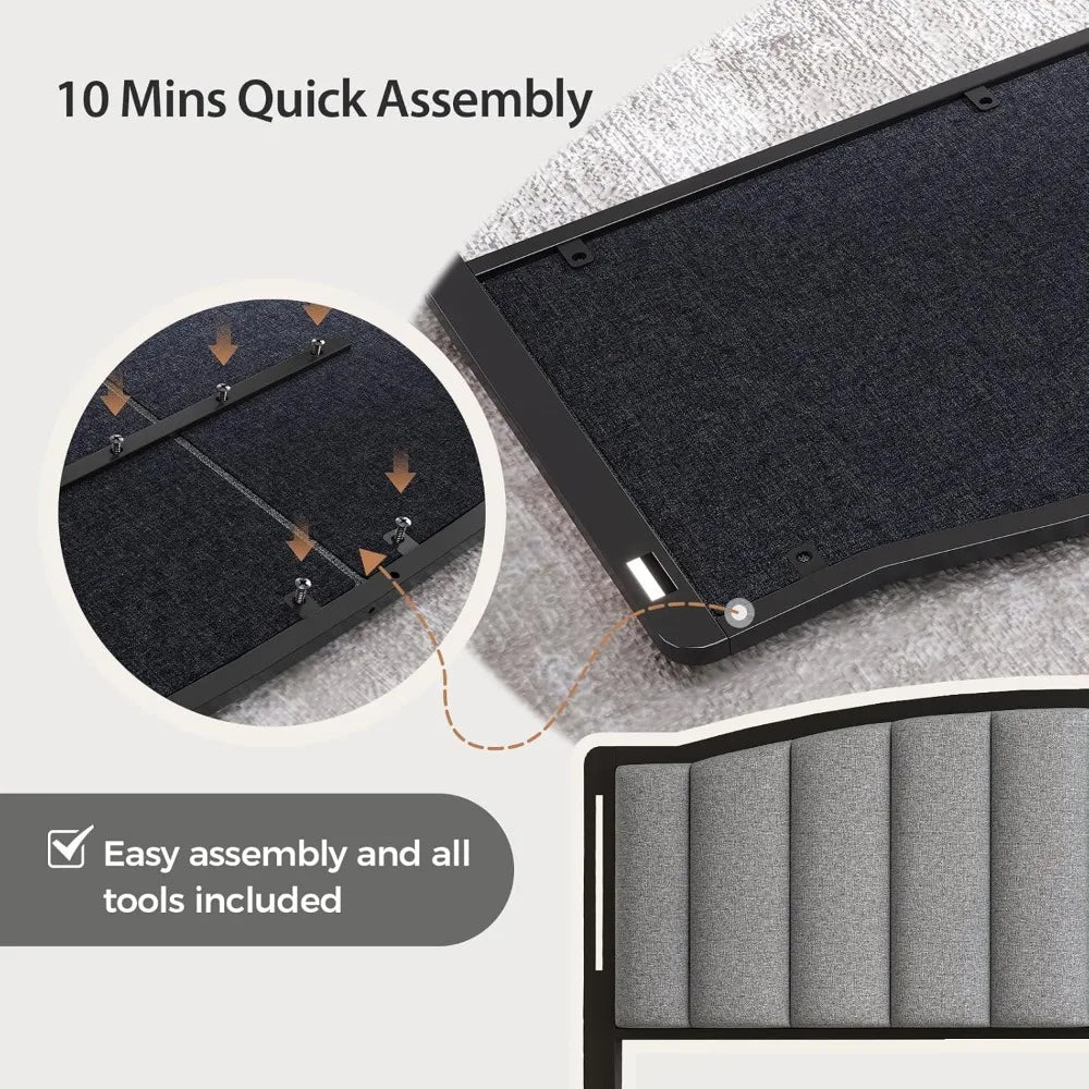 King Size Bed with LED Lights, Upholstered Vertical Channel Tufting Head Boards, Linen Fabric Bed Headboard Only