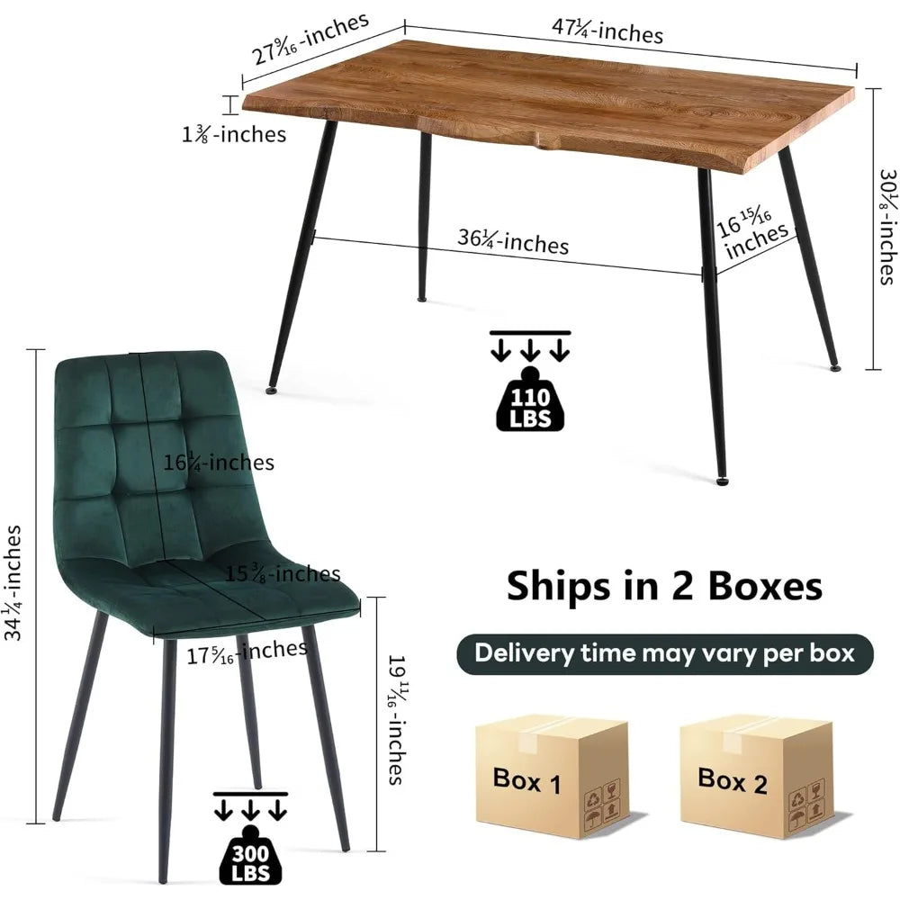 5-Piece Dining Table Set, 47 in Modern Irregular Rectangle Kitchen Table & 4 Forest Green Velvet Upholstery Side Chairs, Metal