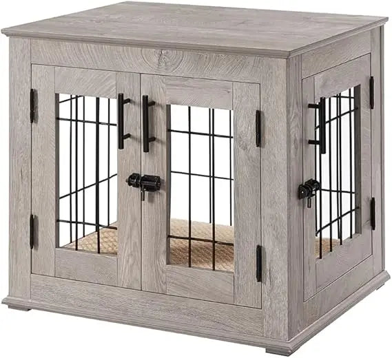 Double Door Wooden and Wire Dog Crate with Built-in Pet Bed and Decorative End Table Style