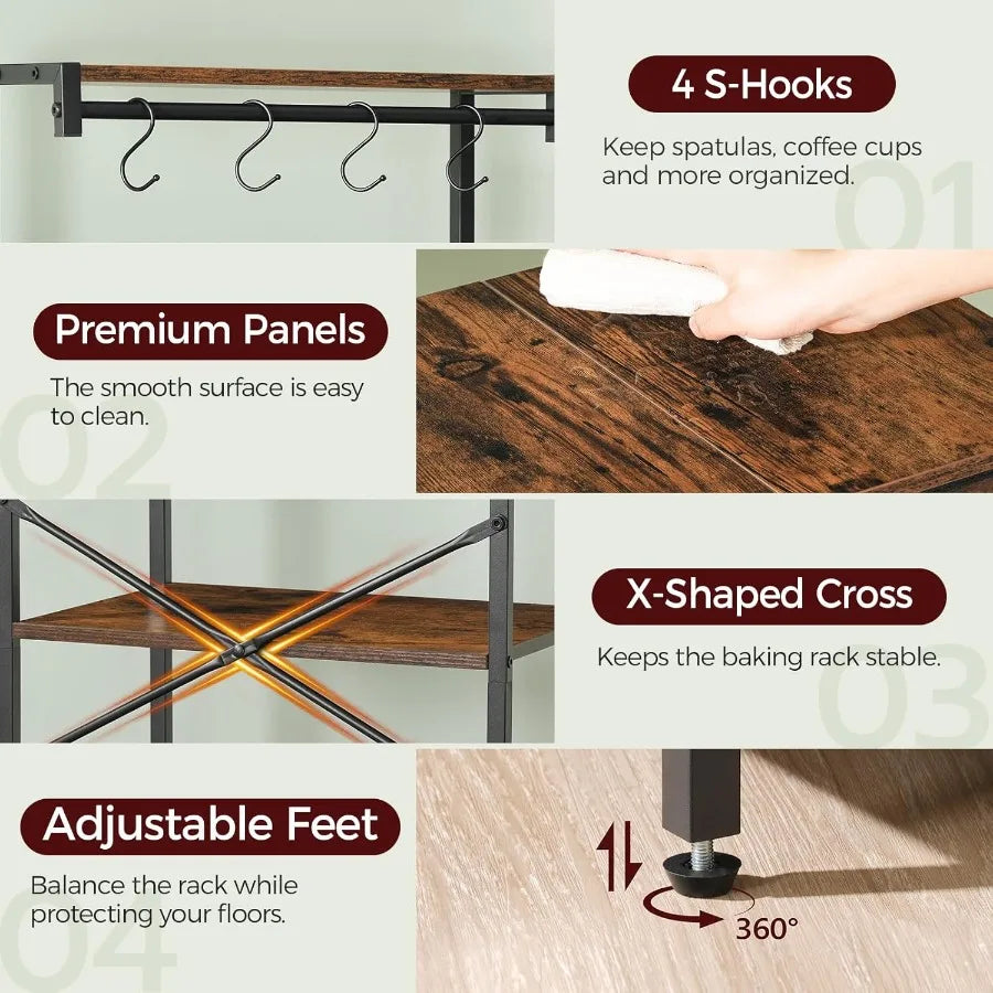 Bakers Rack with Drawer Microwave Stand with Power Outlet Coffee Bar Station with 4 Hooks Kitchen Storage Shelf Rack 4 Tiers fo