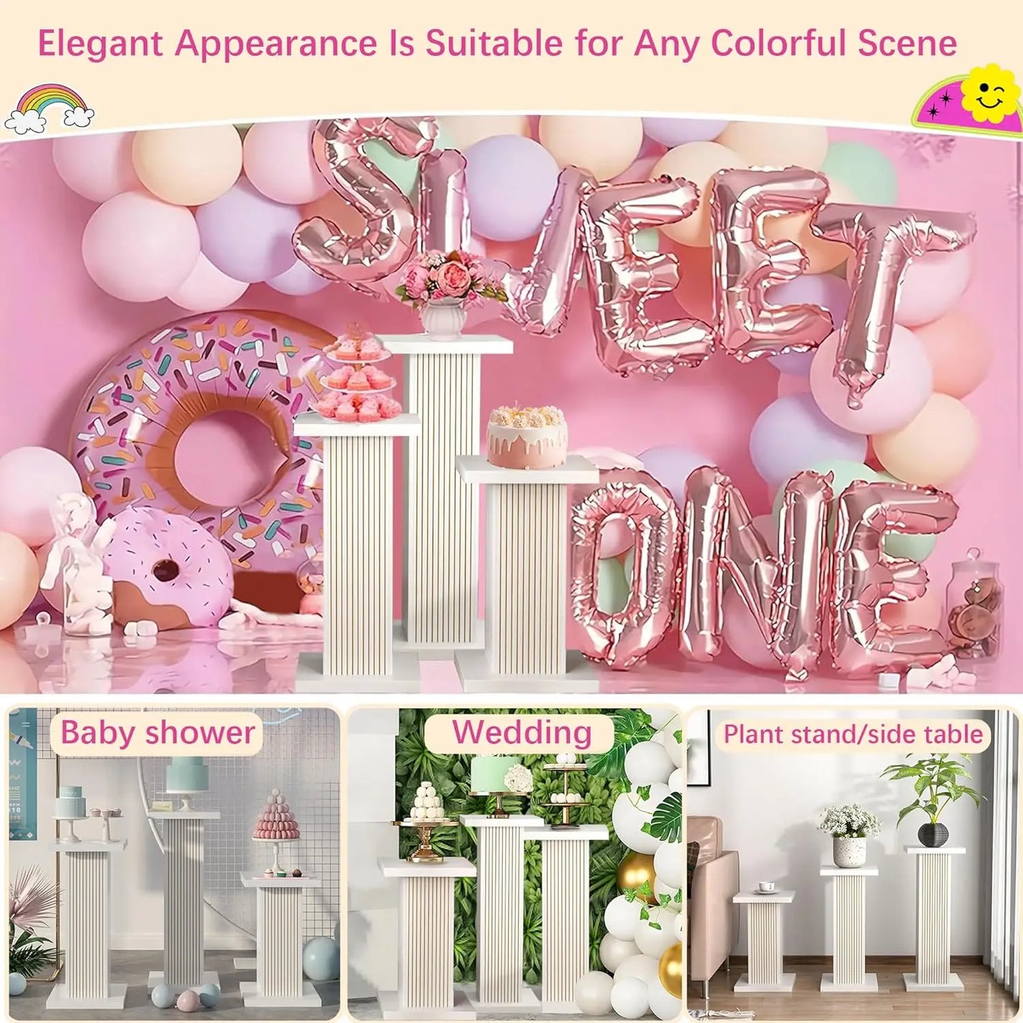 3PCS Square Pedestal Stand for Party,White Wood Display Pedestal Stands for Parties,Fluted Plinth Pillars Table Stands