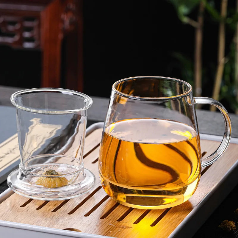 4pcs, 450ml/15.2oz glass cup, tea set with lid and filter, durable, easy to clean, suitable for home and office tea brewing