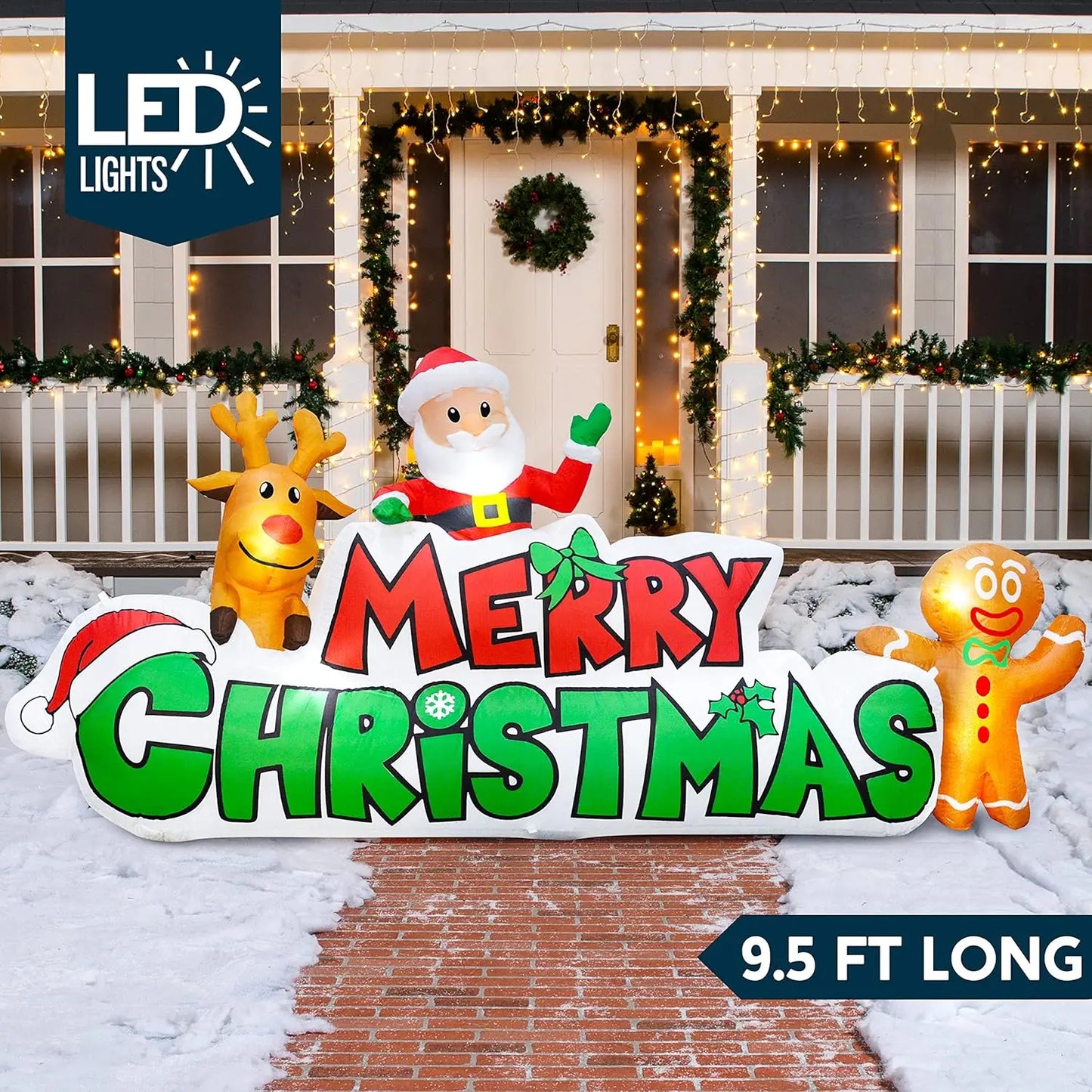 JOYFY 9.5 FT Christmas Inflatable Merry Christmas Sign with Santa Reindeer & Gingerman for Outdoor Yard Decor