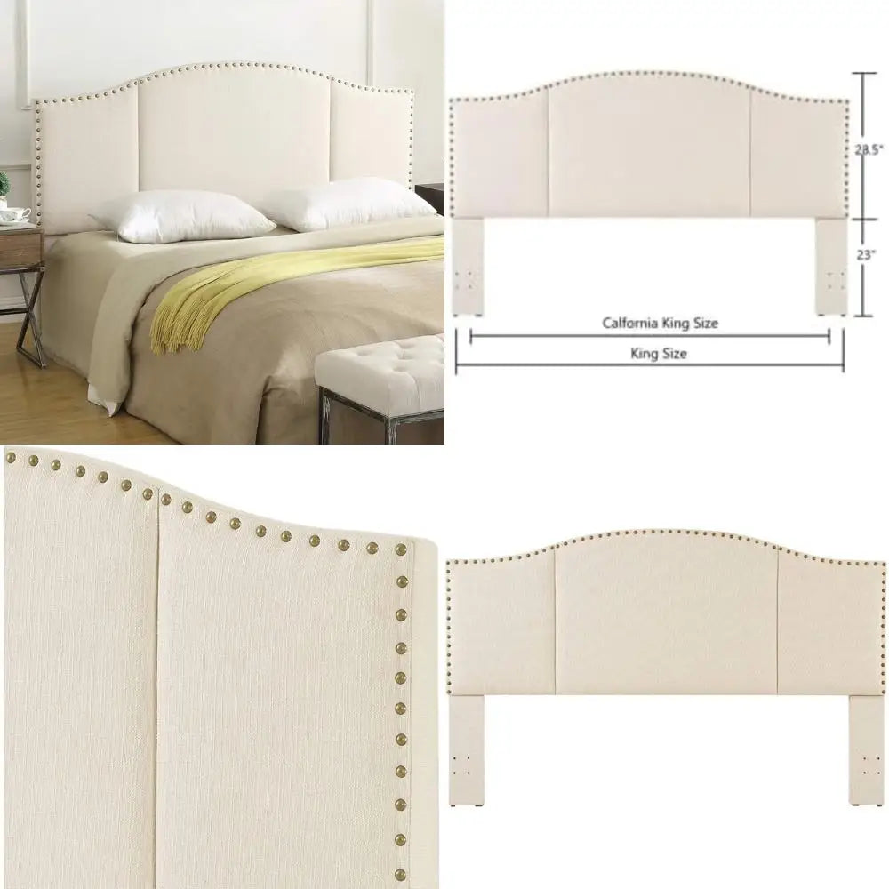 King Size Linen Upholstered Tufted Headboard with Antique Brass Nail Head Trim for King/California King Beds