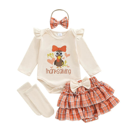 Thanksgiving Baby Girl Outfit Turkey Print Romper with Plaid Layered Mini Skort Stockings and Bow Headband Set - Fall