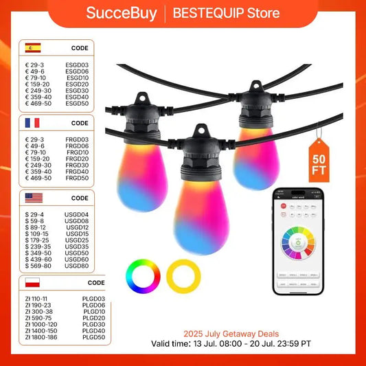 SucceBuy RGB Outdoor String Lights with APP Control 15 Single-Color Adjustable Brightness Time Setting Waterproof Hanging Lights