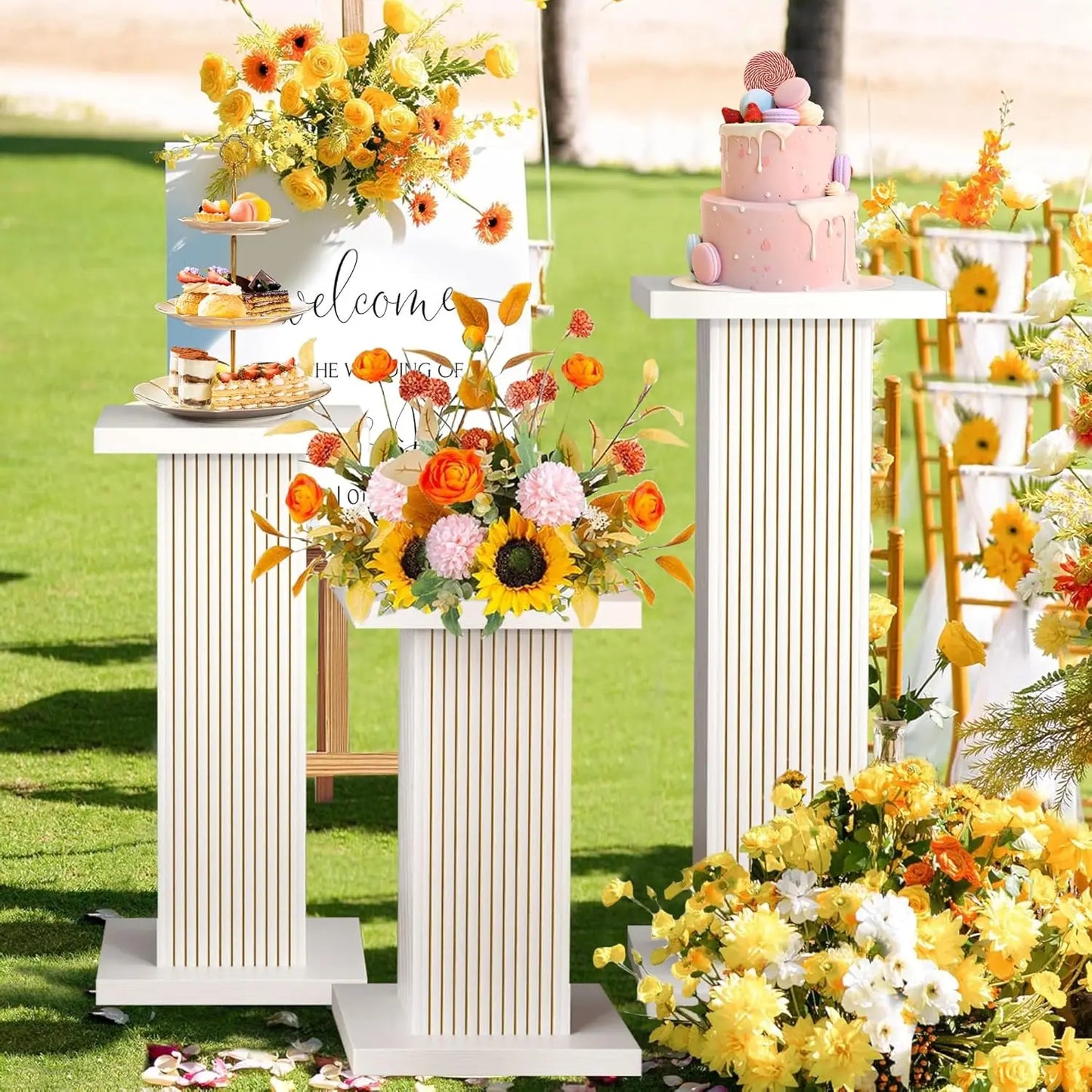 3PCS Square Pedestal Stand for Party,White Wood Display Pedestal Stands for Parties,Fluted Plinth Pillars Table Stands