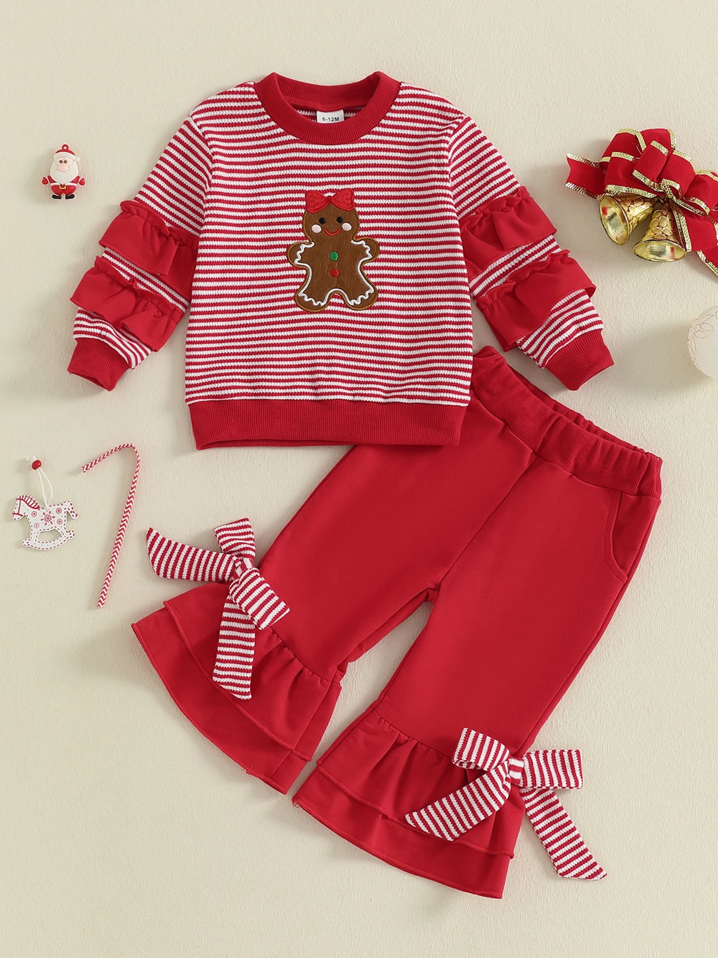 Toddler Girl Christmas Outfits Reindeer Print Long Sleeve Round Neck Pullover Elastic Waist Bow Flare Pants 2 Pcs Set -
