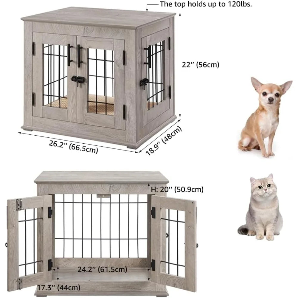 Double Door Wooden and Wire Dog Crate with Built-in Pet Bed and Decorative End Table Style