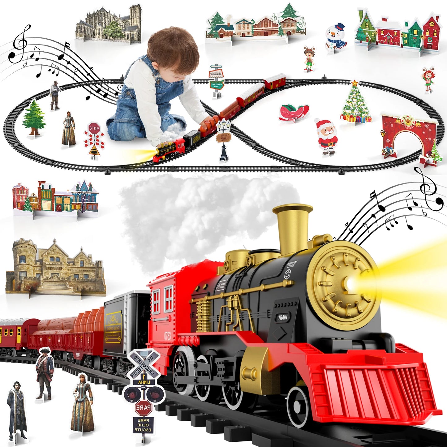 Train Set Toys For Kids Smokes Light & Sound Include 6 Car And 28 Tracks Red Train Sets Toys Birthday Gifts For 3 4 5 6 Year Old