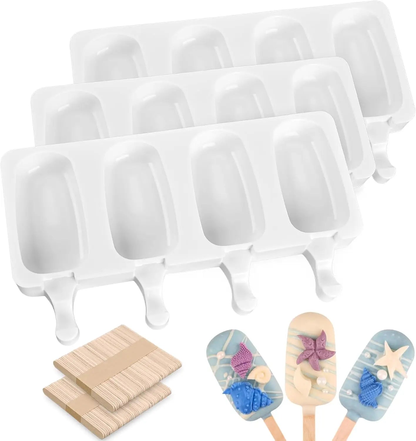 2-Pack White Silicone Popsicle Molds, 4-Cav Oval. Includes 50 sticks for cake pops, ice cream.