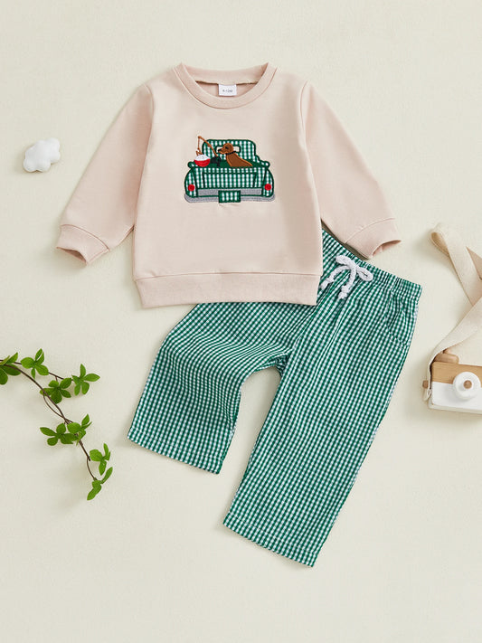 Infant Boy s Cozy Winter Outfit with Cute Animal Embroidery and Plaid Pants - Adorable Farm Theme Clothing for Fall