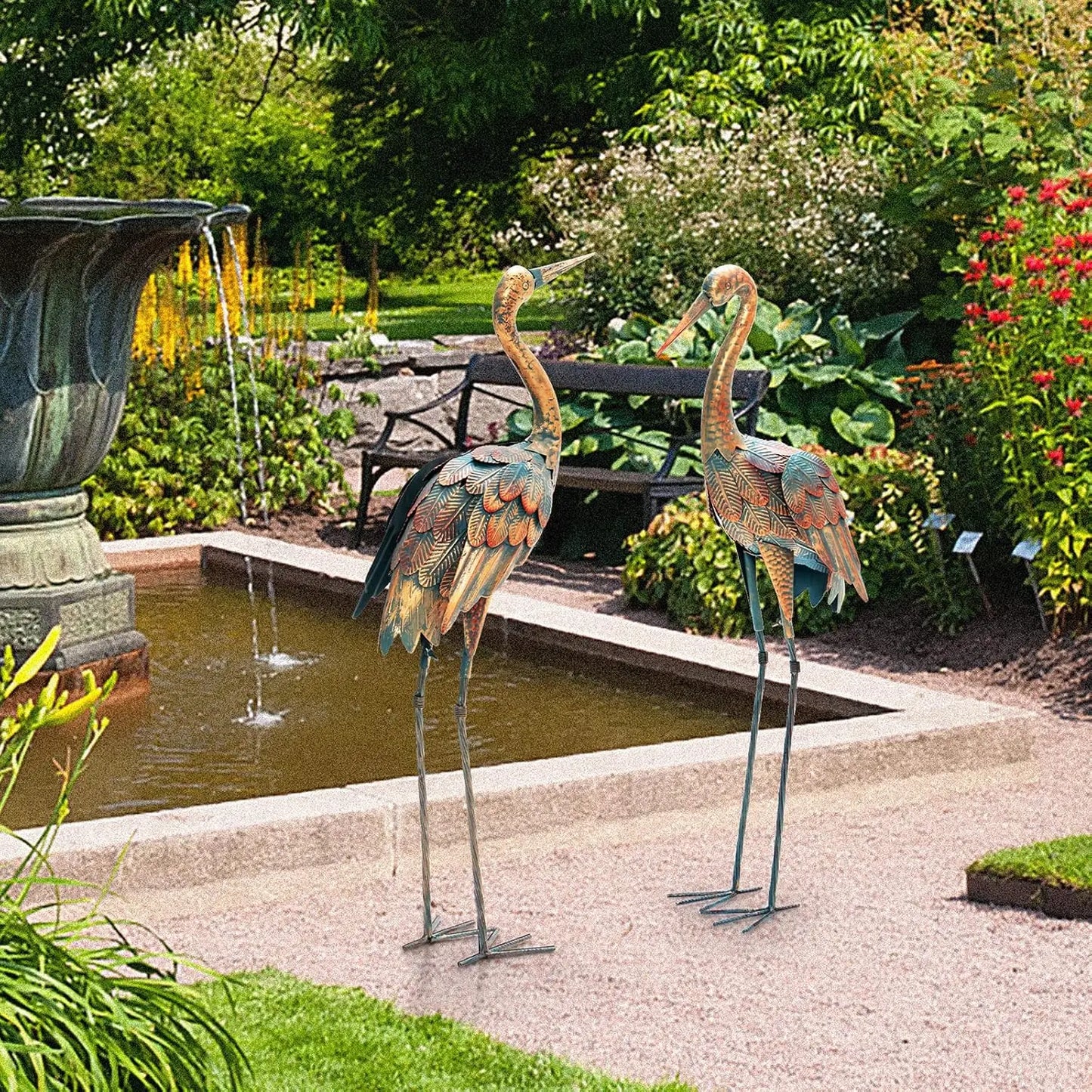 Crane Garden Statues Set of 2,Standing Metal Crane Sculptures Bird Ornament Yard Decorations for Lawn Backyard Patio Outdoor