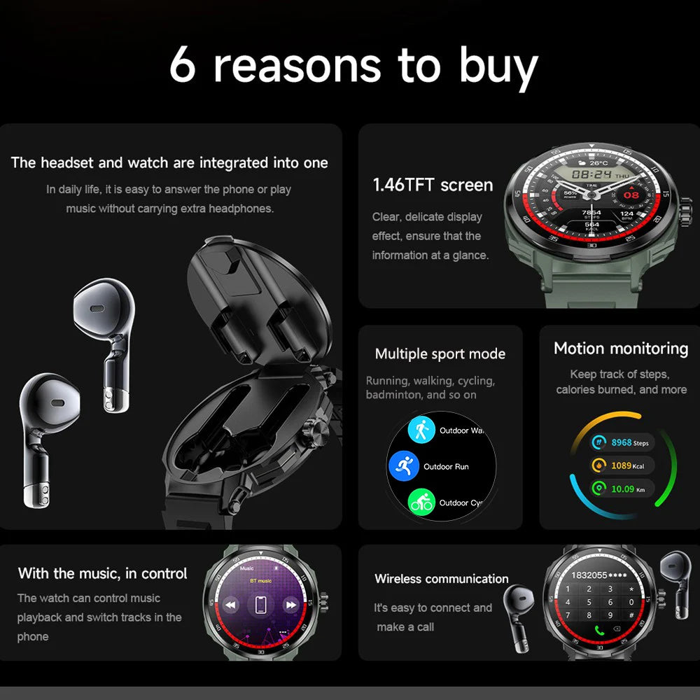 Smart Watch for Men with Hidden Earbuds Wireless Calling Fitness Tracker NFC Waterproof Heart Rate Monitor