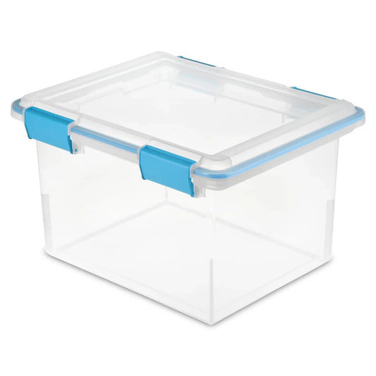 32 Quart Gasket Box, Weather-Resistant Clear Storage Bin with Lid, Blue