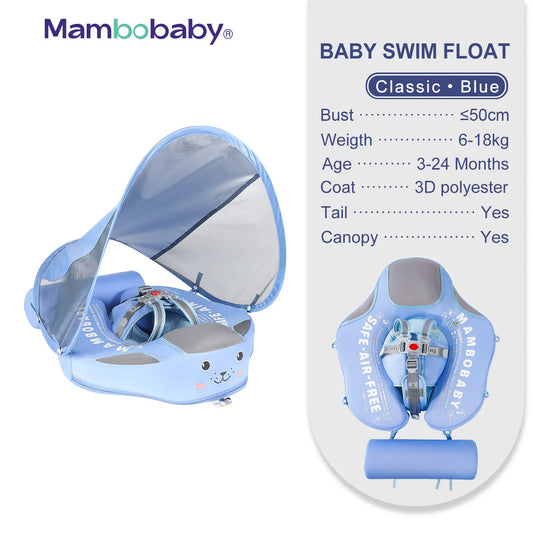 Mambobaby Baby Float with Sunshade Canopy and Crotch Strap Inflatable-free Safe Core Swimming Pool Accessory Bathroom Water Toy
